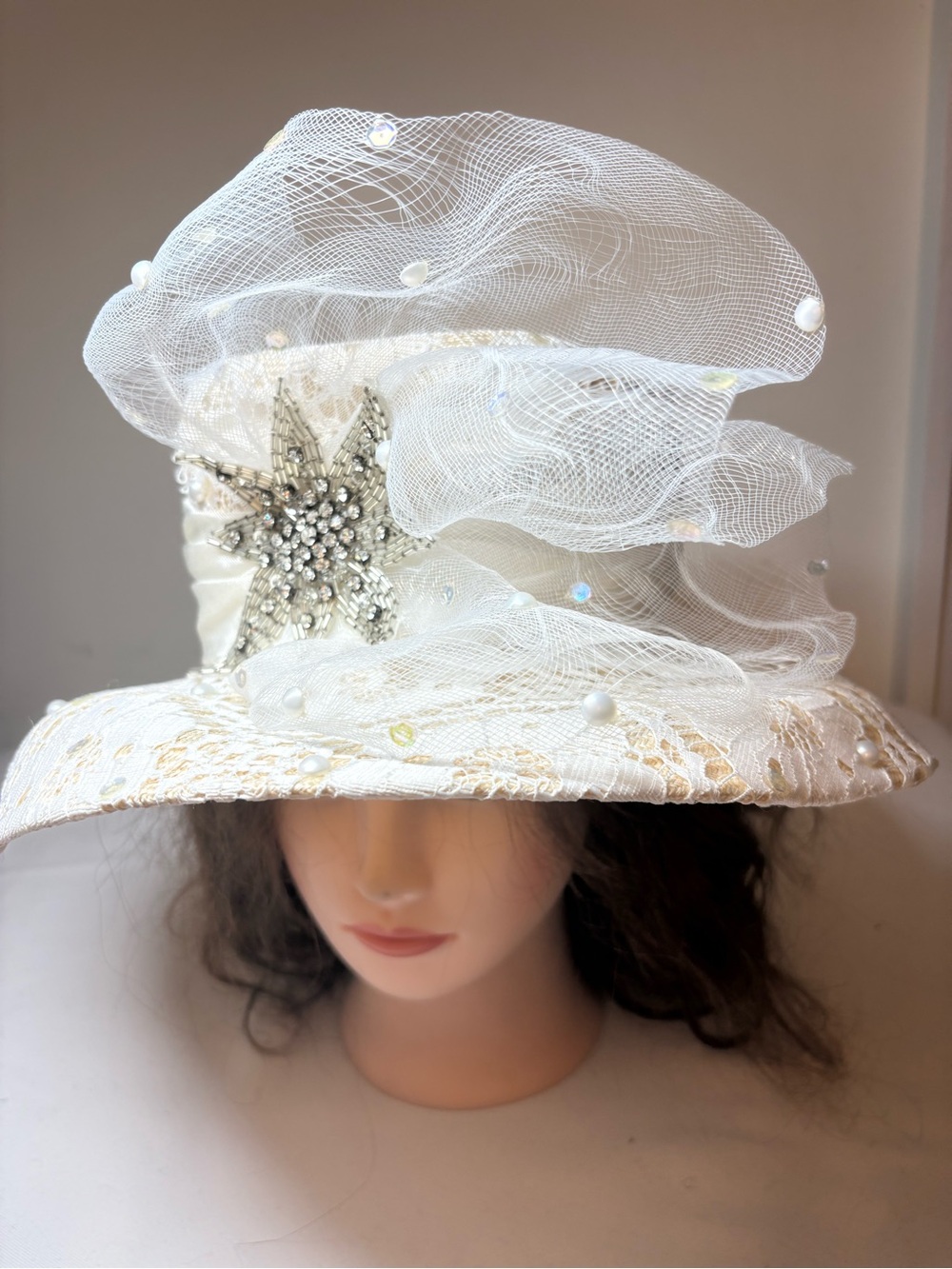 Donna Vinci Couture Lace covered Straw with Rhinestone Star Embellishment
